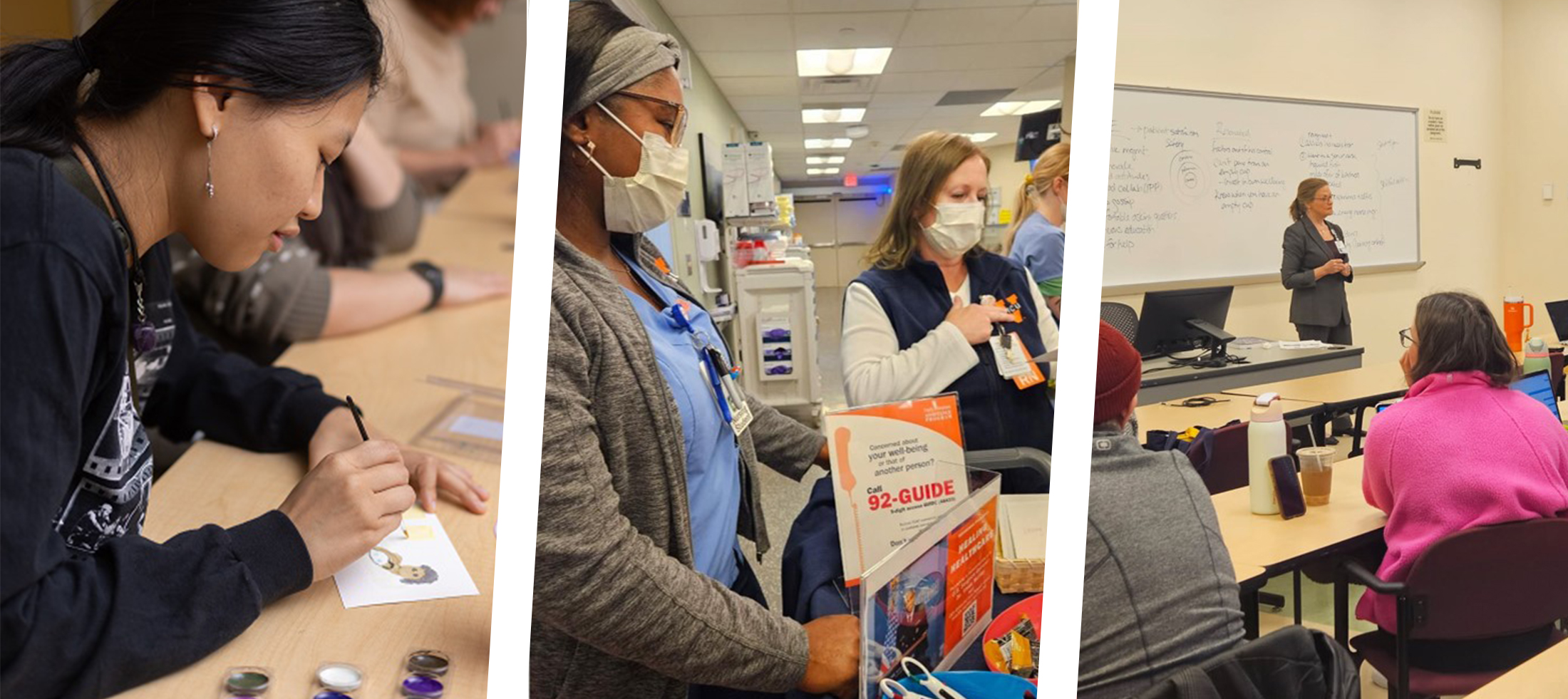 A collage with nursing students and clinicians painting, interacting with the cart, and doing yoga. 